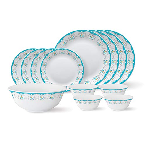 Larah by Borosil - Tiara Series, Royal Jade, 13 Pcs, Opalware Dinner Set, White