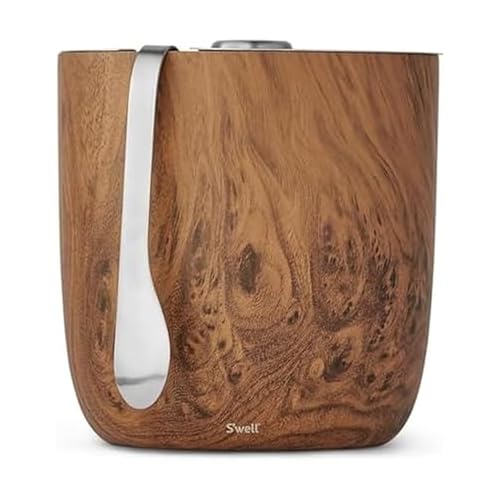 S’well Stainless Steel Ice Bucket with Tongs, 68oz Capacity, Teakwood Finish, Triple-Layer Vacuum Insulated to Keep Ice Colder Longer, BPA-Free Barware