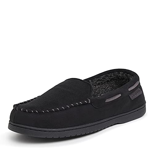 Dearfoams Men's Keaton Memory Foam Moccasin with Wide Widths Slipper, Black Microsuede, 11-12