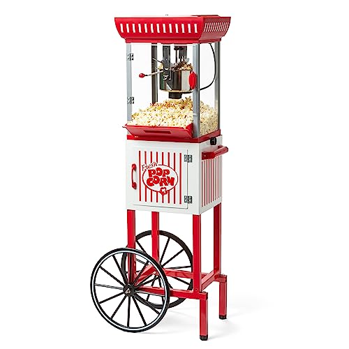 Nostalgia PC25RW oz Popcorn & Concession Cart, 48" Tall, Makes 10 Cups, with Kernel & Oil Measuring Spoons & Scoop, 13" Wheels for Easy Mobility, Red/