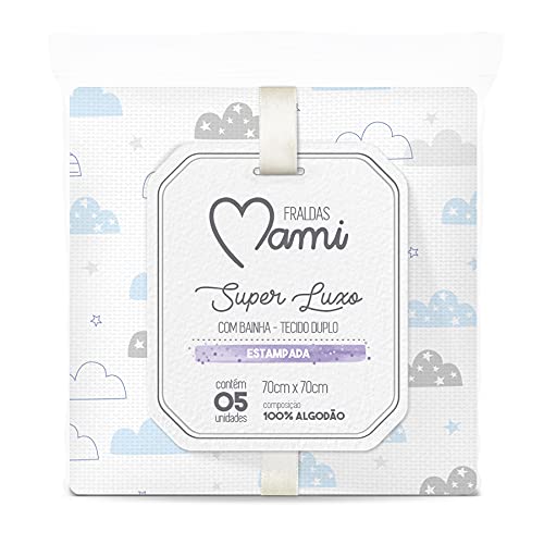 Fralda Pano de Bebê Super Luxo Mami Com Bainha Estampada 70 cm x 70 cm Pacote com 5 Unidades, Azul