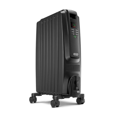 DeLonghi Dragon Digital Oil Filled Radiator Heater, 1500W Electric Space Heater for indoor use, programmable timer, Energy Saving, full room heater with safety features TRD40615EBK, 16"x10"x26", Black