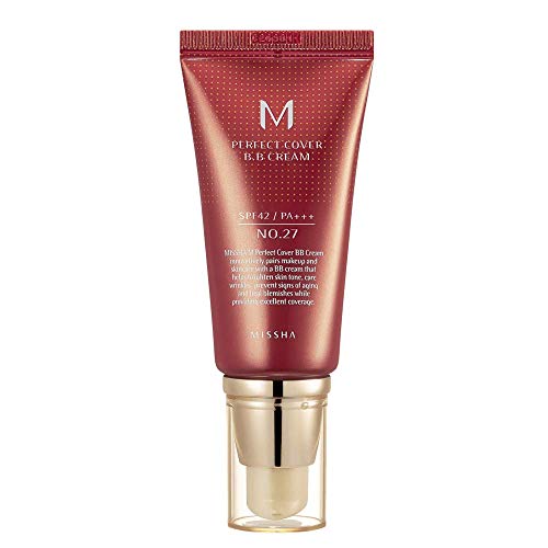 MISSHA M Perfect Cover BB Cream No.27 Honey Beige - Medium with Neutral/Warm Undertone SPF 42 PA +++ 1.69 Fl Oz - Tinted Moisturizer for face with SPF