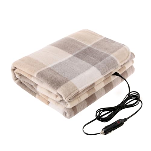 Stalwart Heated Car Blanket – 12-Volt Electric Blanket for Car, Truck, SUV, or RV – Portable Heated Throw, Camping Essentials (Tan)