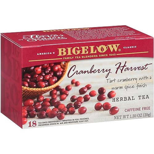 Bigelow Tea Cranberry Harvest Herbal Tea, Caffeine Free Tea with Cranberry and Spice, Holiday and Christmas Tea, 18 Count Box (Pack Of 6), 108 Total Tea Bags