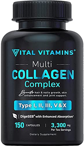 Vital Vitamins Multi Collagen for Women & Men - Type I, II, III, V, X - Grass Fed, Non-GMO - 150 Capsules