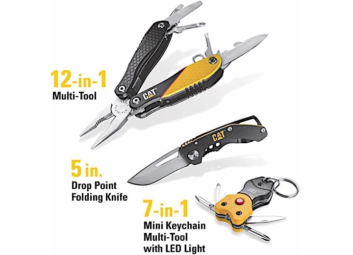 Cat 3 Piece 12-in-1 Multi-Tool, Knife, and Multi-Tool Key Chain Gift Box Set - 240192 , Yellow