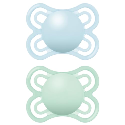 MAM Perfect Soothers | 0-6 Months | 2 Pack | Newborn Dummies | Comes in Dummy Steriliser Case | Sustainable Materials | Baby Accessories for Newborn | Blue/Green (Various Designs)