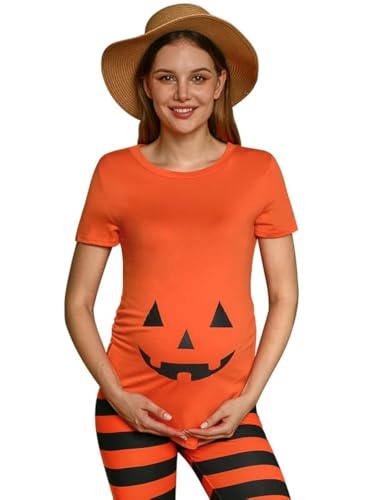 Womens Halloween Graphic Maternity Short Sleeve Costume Funny Pregnancy Shirt Orange Pumpkin Carved Face L