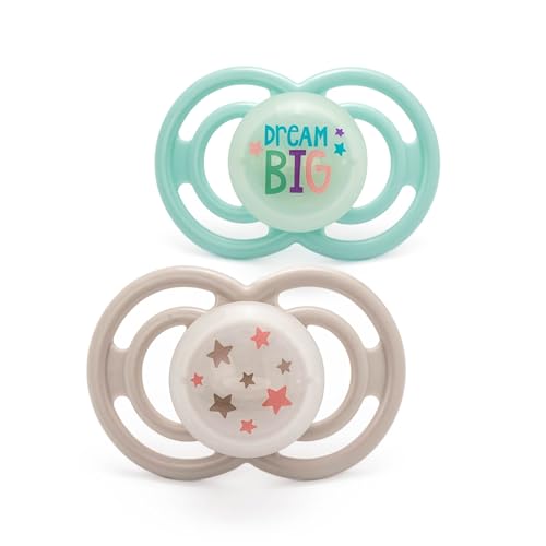 MAM Perfect Night Soothers | 6-18 Months | 2 Pack | Glow in The Dark Dummies | Comes in Dummy Steriliser Case | Baby Accessories for Newborn | White/Grey (Various Designs)