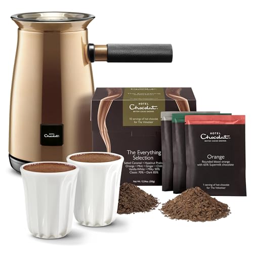 Hotel Chocolat Velvetiser - In-Home Hot Chocolate Machine - Barista-Grade Hot Chocolate Maker - Copper Edition - 2 Ceramic Podcups & 10 Single-Serve Sachets