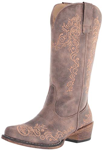 ROPER Womens Riley Scroll Embroidered Snip Toe Casual Boots Mid Calf Low Heel 1-2" - Brown - Size 8 M