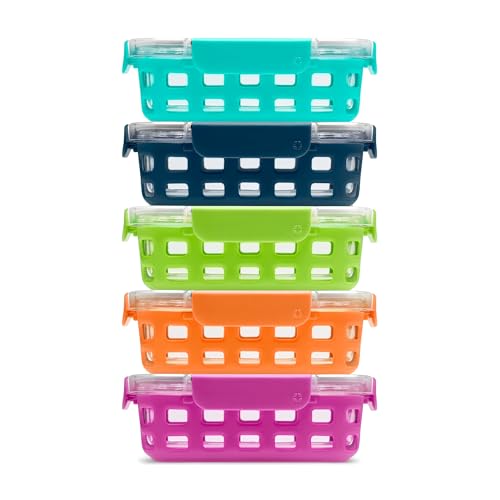 Ello Duraglass 3.4 Cup Meal Prep Sets 10Pc, 5 Pack Set- Glass Food Storage Container with Silicone Sleeve and Airtight BPA-Free Plastic Lids, Dishwasher, Microwave, and Freezer Safe, Fruit Salad