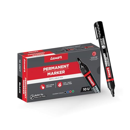 Luxor Refillable Permanent Marker Pen, Black Ink, Pack of 10 | Bold & Smudge-Resistant Writing | Works on Plastic Glass Metal & Cardboard | Long-Lasti