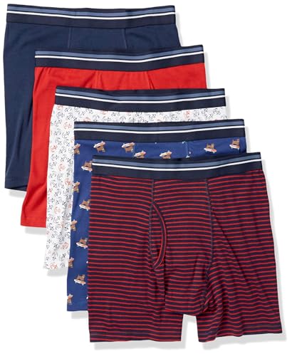 Amazon Essentials Men's Underwear Boxer Briefs, Comfortable Cotton, Tag-Free, Pack of 5, Anchor/Dog Print/Mini Stripe, Small