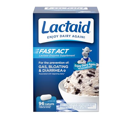 Lactaid Fast Act Lactose Intolerance Caplets with Lactase Enzyme, Dairy Relief from Gas, Bloating & Diarrhea, 9000 FCC Lactose Intolerance Pills, 96 Individual Travel On-The-Go Packs (96 x 1 ct)