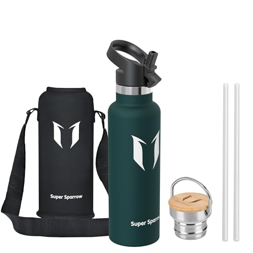 Sparrow Botella Agua Acero Inoxidable 620ml - Botella Termica con Pajita | Sin BPA & Fugas, Lavavajillas, Deporte, Gimnasio, TwistTrail Cantimplora Termica Tapa Pajita, Tapa Asa & Funda