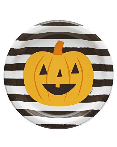 American Greetings Halloween Paper Dessert Plates (36-Count, 7 in. Round) Striped Pumpkin Jack-O'-Lantern Disposable Plates, Halloween Party Supplies