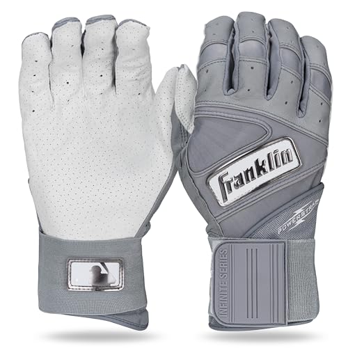Franklin Sports MLB Batting Gloves - Infinite Powerstrap Baseball + Softball Batting Gloves -Durable Full Wrap Cage Practice Gear - Long Cuff Wrist + Heavy Duty Leather - Adult Medium - Grey