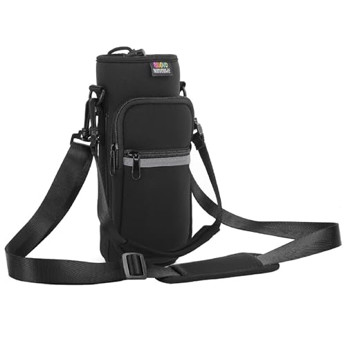 Nuovoware Water Bottle Carrier Bag, 25oz/32oz Bottle Pouch Holder, Adjustable Shoulder Hand Strap 2 Pocket Sling Neoprene Sleeve Sports Accessories for Hiking Travelling Camping, Black