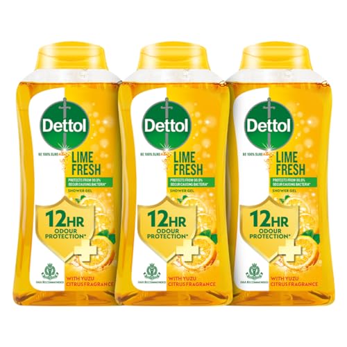 Dettol Lime Fresh Body Wash and Shower Gel Bottle for Women and Men (Pack of 3 - 250ml each) | Soap-Free Bodywash | 12hr Complete Odour Protection