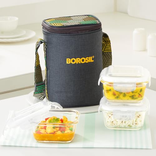Borosil Foodluck Olive Lunchbox with Bag | 320ml x 3pc Borosilicate Glass Square Container Set | Microwave & Dishwasher Safe, Leak Proof | Tiffin for 