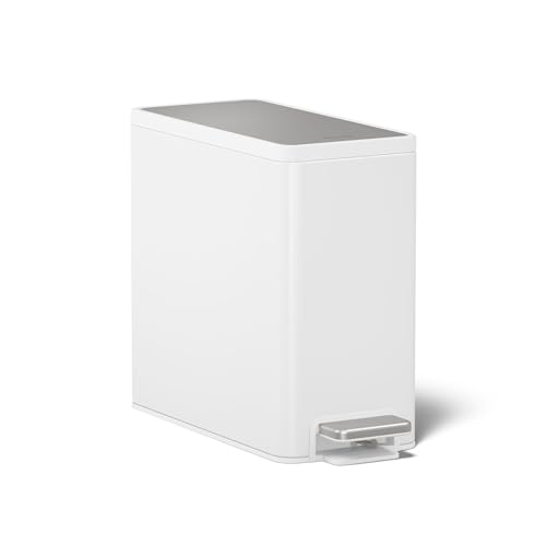 Kohler 20957-STW 2.5 Gallon Slim Step Trash Can, Bathroom Trash Can with Soft-Close Foot Pedal, White with Stainless Steel