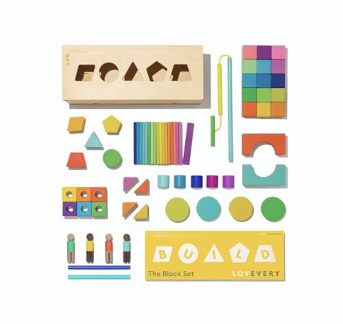 LOVEVERY | The Block Set | Solid Wood Building Blocks and Shapes + Wooden Storage Box, 70 Pieces, 18 Colors, 20+ Activities, Toddler Block Set and Converts into a Pull Car, Ages 12 to 48+ months