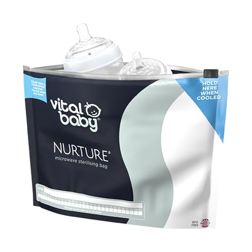 Vital Baby NURTURE Microwave Sterilising Bags - Reusable Sterilising Bags - Lightweight & Compact - Space Saving - No Chemicals - Sterilise Baby Bottles, Teats, Soothers & Accessories - 150 uses - 5pk