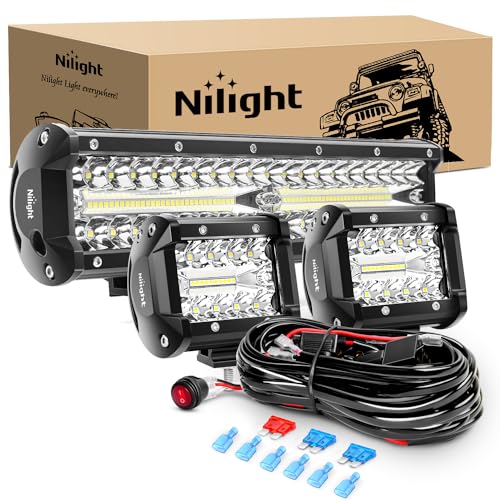 Nilight LED Light Bar Set, 12 Inch 300W Triple Row Spot Flood Combo Work Driving Lamp, 2 Pcs 4 inch 60 W with Wiring Harness for Off road ATV Boat Lighting, Year Warranty