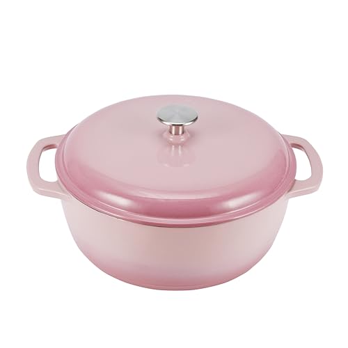Amazon Basics Cast Iron Dutch Oven Pot with Lid, Enameled, Round, Dual Handles, Heavy-Duty, Medium, 6-Quart, Light Pink