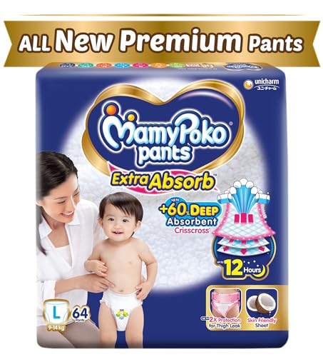 MamyPoko Pants Extra Absorb Baby Diapers, Large (L size) | 9-14 kg | 64 Count |Deep Sleep Diapers| Soft gentle fit |Deep Absorbent Crisscross | skin