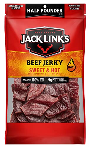 Jack Link's Beef Jerky, Sweet & Hot, Half Pounder Large Jerky Bag - Flavorful Meat Snack, Ready to Eat Protein Snacks with 9g of Protein per Serving, Made with 100% Beef