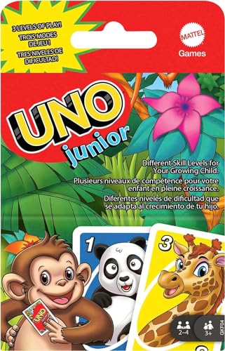 (-36%) Mattel Games Uno Junior, Uno Kartenspiel, vereinfachte Version mit Zootieren und 3 Schwierigkeitsstufen, Kinderspiel, Geschenk für Kinder, ab 3 Jahre, GKF04