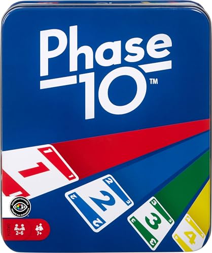 Mattel Games Phase 10 Card Game with Color Blind Accessible Deck in Storage & Travel Tin for Kids, Adults & Families (Amazon Exclusive)