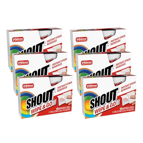 Shout Wipes Stain Remover for Clothes Laundry, Instant Stain Remover and Individually Wrapped, Travel Essentials, Works on Everyday Stains, 12 Wipes per Carton (6 Cartons)