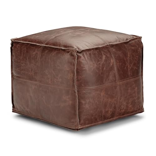 SIMPLIHOME Sheffield Boho Square Pouf in Brown Genuine Leather for the Living Room, Bedroom and Kids Room