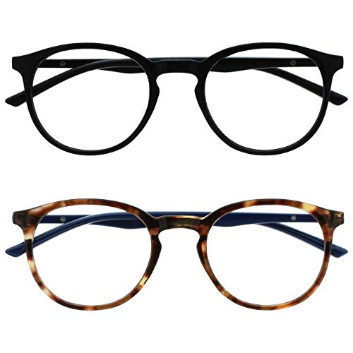 OPULIZE MET Blue Light Blocking Reading Glasses for Women Men, Slim Round Frame with Scratch Resistant and Spring Hinges, Computer Glasses with Anti-Reflective, Black,Brown +2