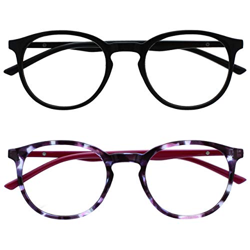 OPULIZE MET Blue Light Blocking Reading Glasses for Women Men, Slim Round Frame with Scratch Resistant and Spring Hinges, Computer Glasses with Anti-Reflective, Black,Purple +2.5