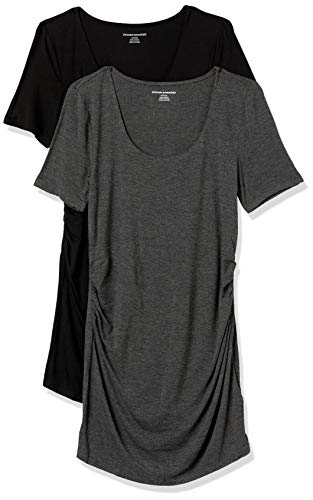 Amazon Essentials Women's Maternity Short-Sleeve Rouched Scoopneck T-Shirt, Pack of 2, Charcoal Heather/Black, Large