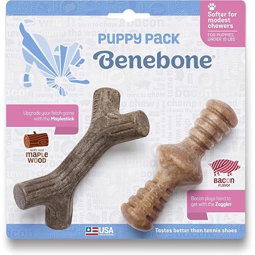 Benebone Puppy 2-Pack Maplestick/Zaggler Durable Dog Chew Toys for Gentle Chewers, Real Bacon, Real Maplewood, Made in USA, Tiny