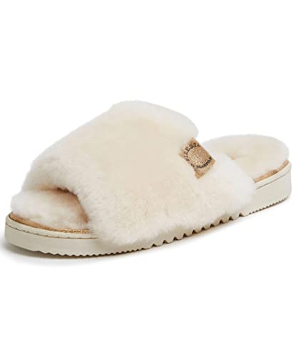 Dearfoams womens Fireside By Dearfoams Cairns Shearling Slide With Metallic Trim Slipper, Natural, 8 US