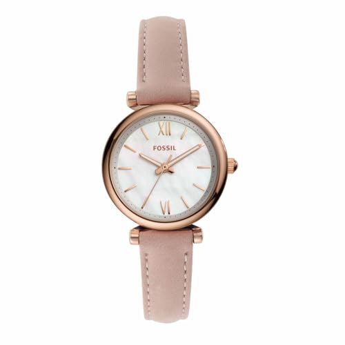 (-36%) Fossil Damenuhr Carlie Mini, Quarzwerk, 28mm Rose Gold Edelstahlgehäuse mit Lederarmband, ES4699