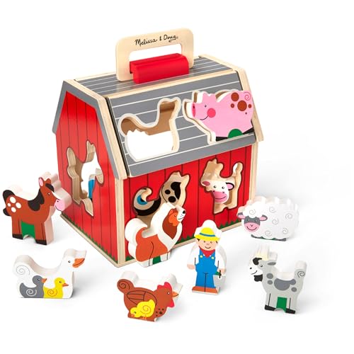 Melissa & Doug Take-Along Wooden Toy Barn, 11-Pc Portable Toddler Playset with Farm Animals & Pop-Up Roof, Preschool Lea