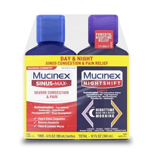 Mucinex Maximum Strength Sinus-Max Severe Congestion & Pain + Nightshift Sinus Liquid, Cold and Flu Medicine for Adults, Over-The-Counter Medication for Multi-Symptom Relief, 2x6 Fl Oz