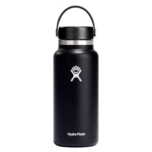 🔥 STARKER PREIS (-42%) HYDRO FLASK - Trinkflasche 946ml (32oz) - Isolierte Wasserflasche aus Edelstahl - Sportflasche mit auslaufsicherem Flex Cap-Deckel & Gurt - Thermoflasche Spülmaschinenfest - Größe Öffnung - Black