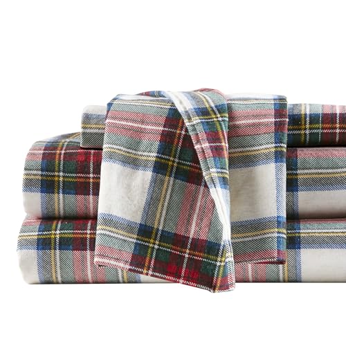 Comfort Spaces Cotton Flannel Breathable Warm Deep Pocket Sheets with Pillow Case Bedding, Queen, Red Plaid Scottish Plaid 4 Piece