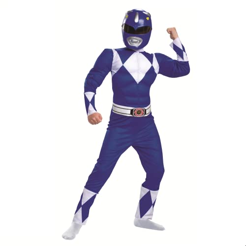 Blue Power Ranger Costume, Kids Size Beast Morphers Muscle Padded Character Jumpsuit and Mask, Classic Child Size Small (4-6)