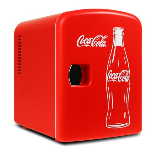 Coca-Cola Classic Coke Bottle 4L Mini Fridge w/ 12V DC and 110V AC Cords, 6 Can Portable Cooler, Personal Travel Refrigerator for Snacks Lunch Drinks Cosmetics, Desk Home Office Dorm, Red