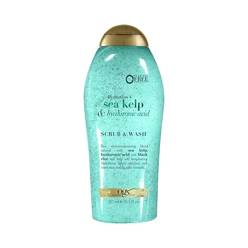 OGX Hydration + Sea Kelp & Hyaluronic Acid Scrub & Wash A rich, exfoliating body